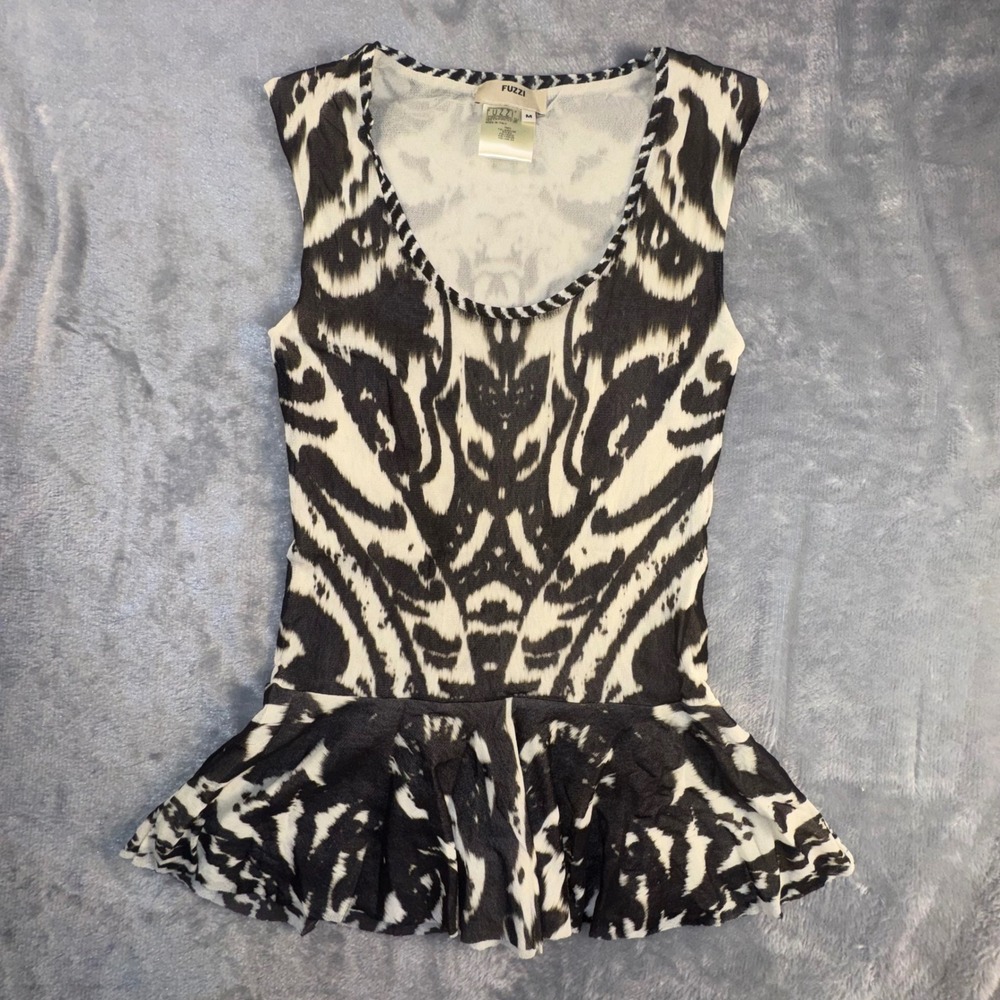 FUZZI Women's Medium Black White Abstract Peplum Tank Top Mesh Made in Italy Y2K - Picture 7 of 7